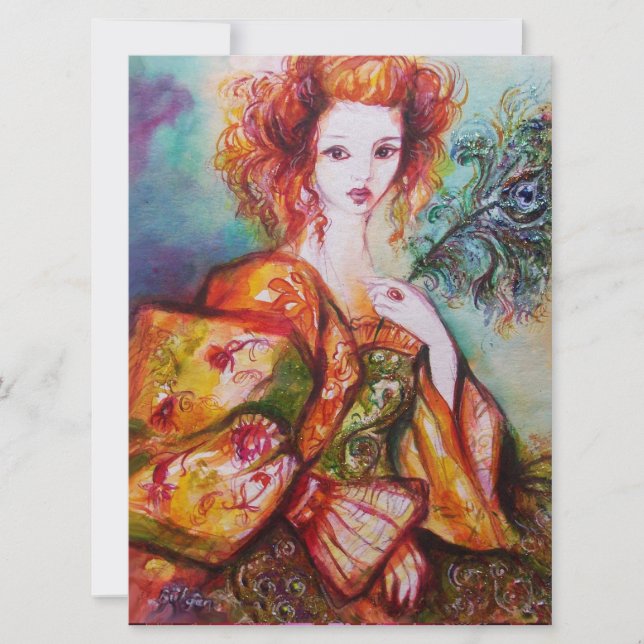 MUJER ROMÁNTICA CON PLUMA DE PAVO REAL BRILLANTE,  (Anverso)