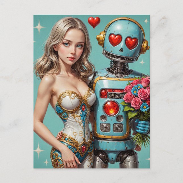 Mujer rubia y un robot encontraron postal de amor (Anverso)