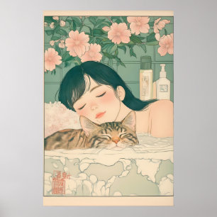 Mujer Ukiyo-e y arte de gato atigrado Baño japonés