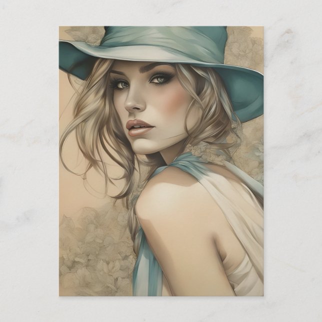 Mujer ventilado en postal azul (Anverso)