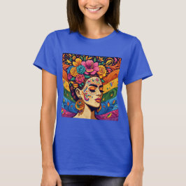 Mujer vibrante con flores en camiseta de pelo