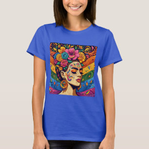 Mujer vibrante con flores en camiseta de pelo