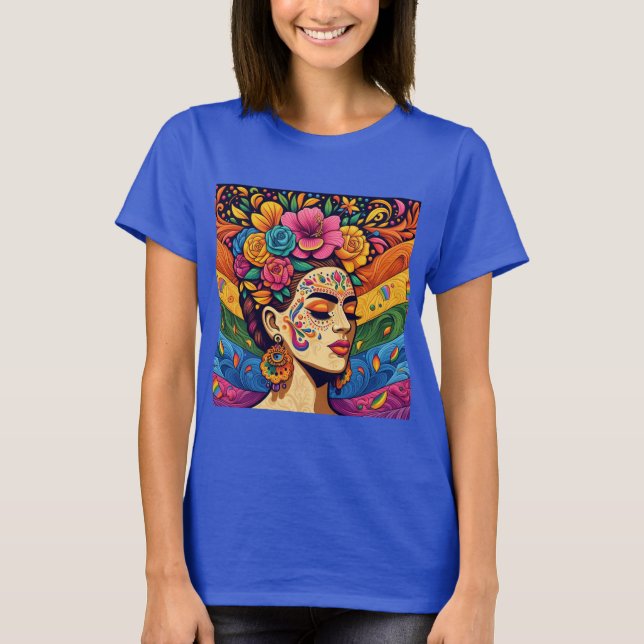 Mujer vibrante con flores en camiseta de pelo (Anverso)