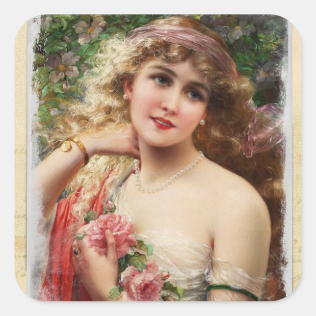 Mujer Victoriana con Pegatinas de Rosas Rosadas (Anverso)