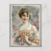 Mujer victoriana con Rosas en postal acuarela