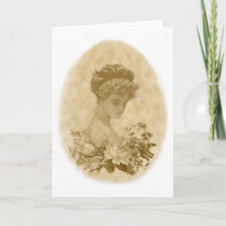 Mujer victoriana con tarjeta de bienvenida con flo