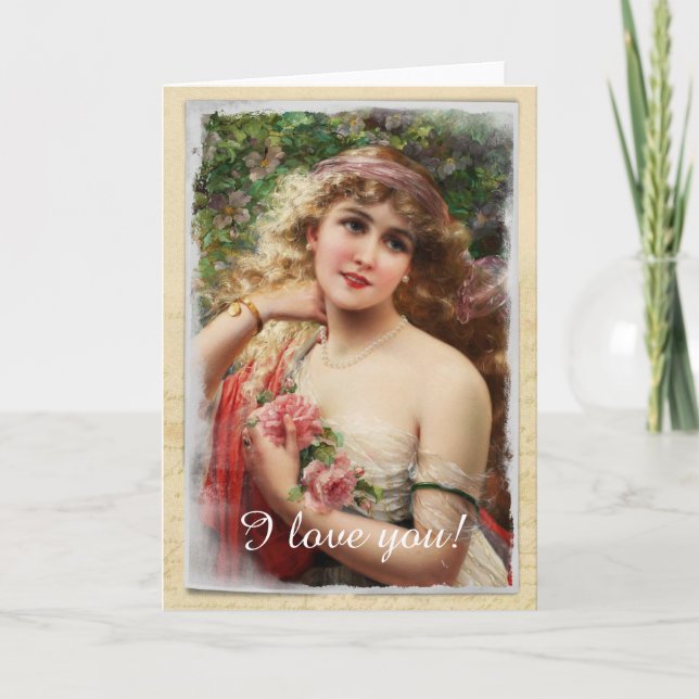 Mujer victoriana con tarjeta de saludo de rosas ro (Anverso)