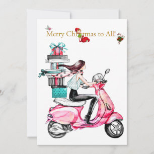 Mujer vintage de Navidad en un scooter rosa
