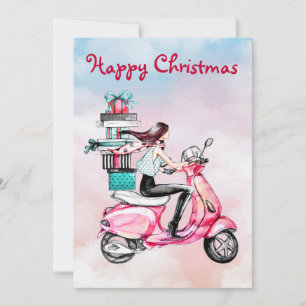 Mujer vintage de Navidad en un scooter rosa