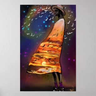Mujer y Pájaros Arte Atardecer Póster Imprimir - P