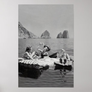 Mujeres comiendo pasta en el lago, arte mural vint