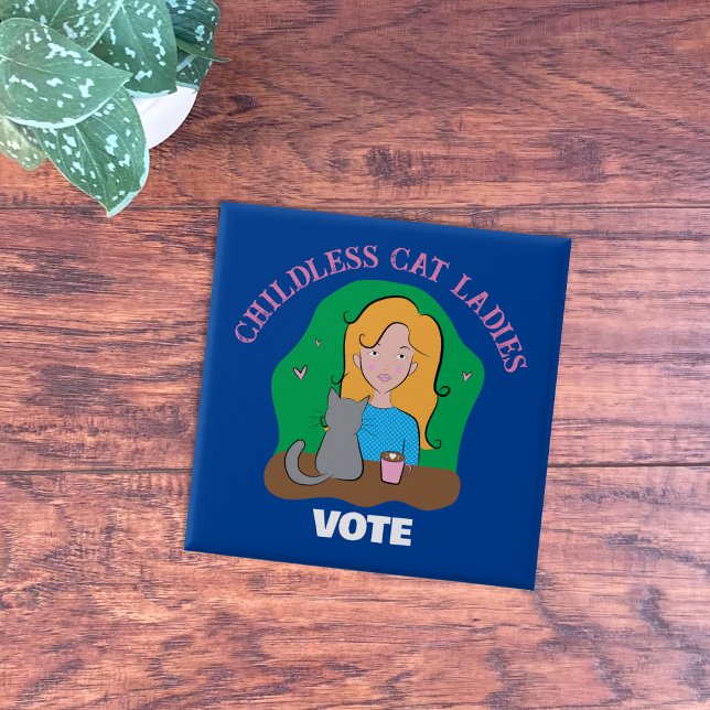 Mujeres gatas sin hijos votan botón de plaza azul (Cute doodle childless cat ladies vote blue button . )