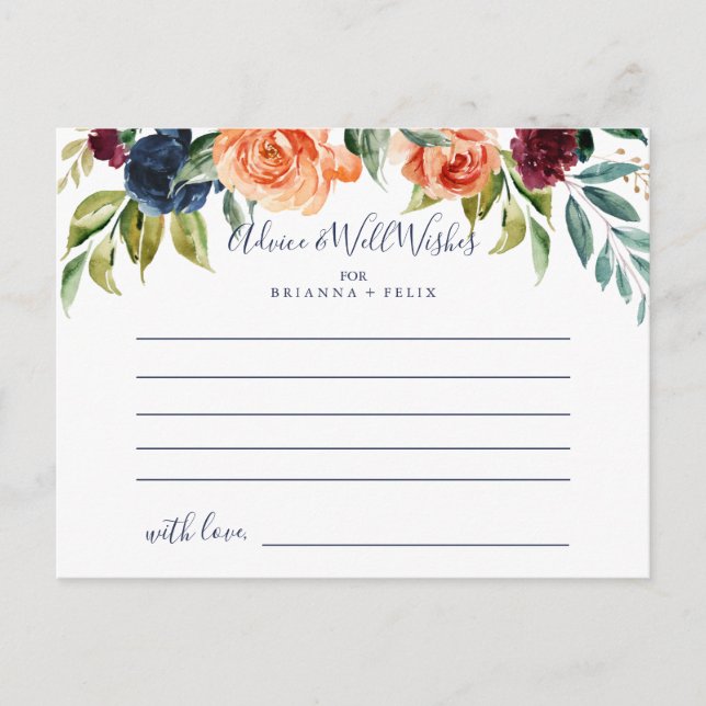 Multicolor Elegante tarjeta de consejo Boda floral (Anverso)