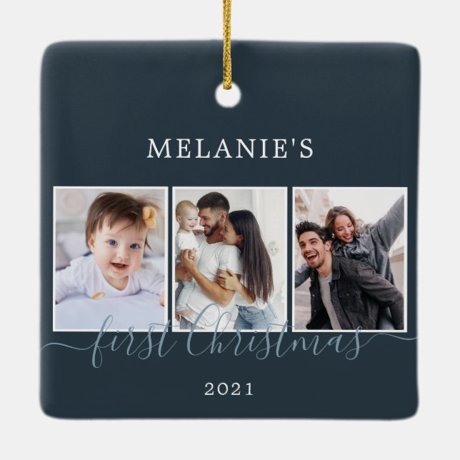 Multifotos primera Navidad Bebé Ornamento cerámico (Reverso)