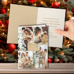 Múltiples fotos Feliz Navidad Oro plegado<br><div class="desc">Cuatro fotos en un patrón de cuadrícula único en la parte delantera de estas tarjetas de Navidades dobladas presentan el saludo Feliz Navidad y Feliz Año Nuevo con letras de moda con un borde dorado. Sus nombres y saludos personales están impresos en el interior. MÁS colores en nuestra colección.</div>