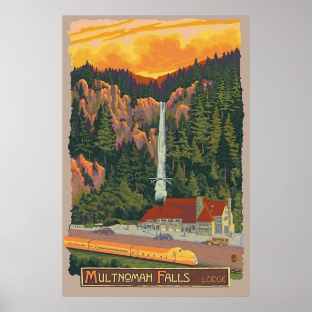 Multnomah Falls & Lodge, póster de viaje de Oregon (Frente)