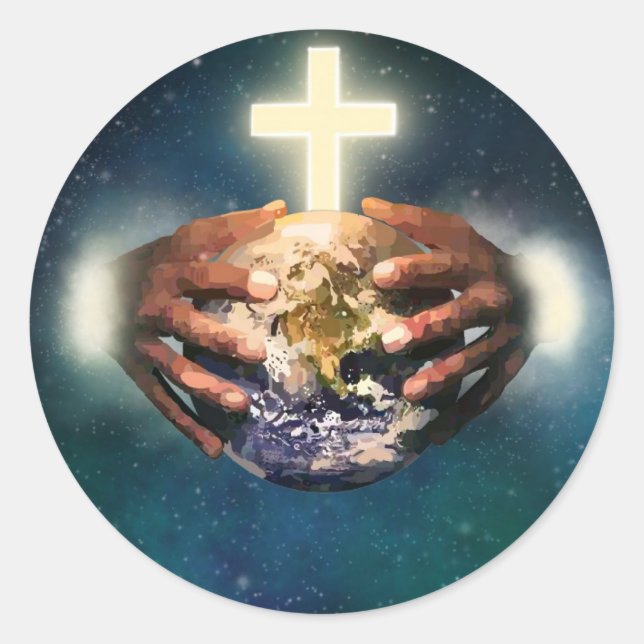 Mundo redondo en manos pegatina (Anverso)