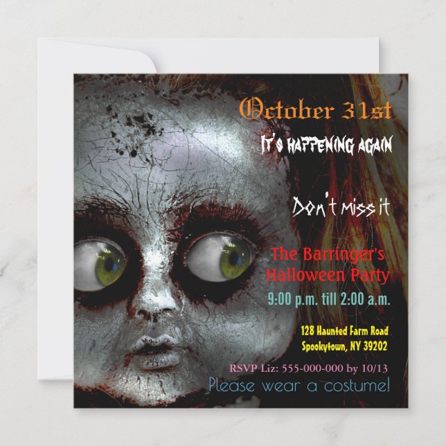 Muñeca Asustada Invitación Semibrillante de Hallow (Anverso)
