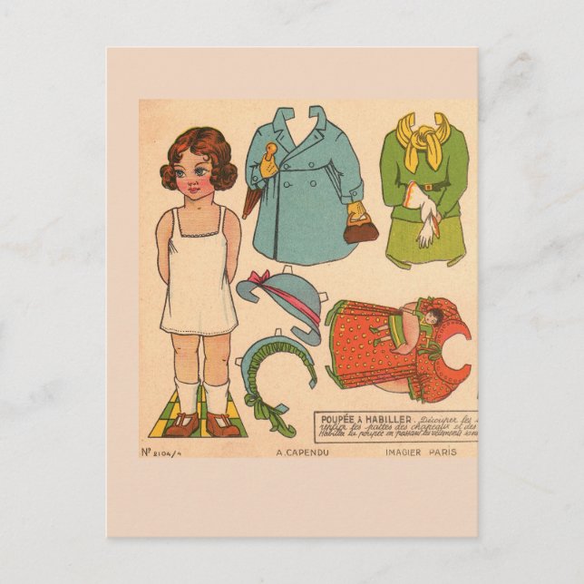 MUÑECA DE PAPEL CHICA VINTAGE TARJETA POSTAL (Anverso)