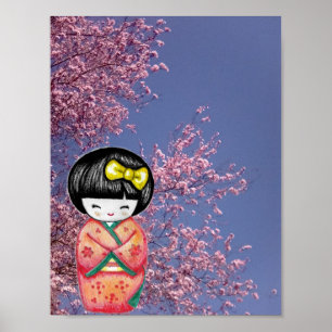 Muñeca Kokeshi Cartel de Impresión de Flores de Ce