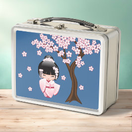 Muñeca Kokeshi de Kimono Rosa sobre Azul