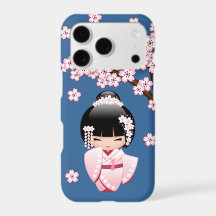 Muñeca Kokeshi de Kimono Rosa sobre Azul