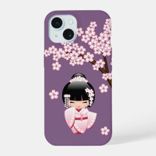 Muñeca Kokeshi de Kimono Rosa sobre Fondo Púrpura