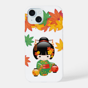 Muñeca Kokeshi de Kimono Verde Otoñal Hojas de Arc