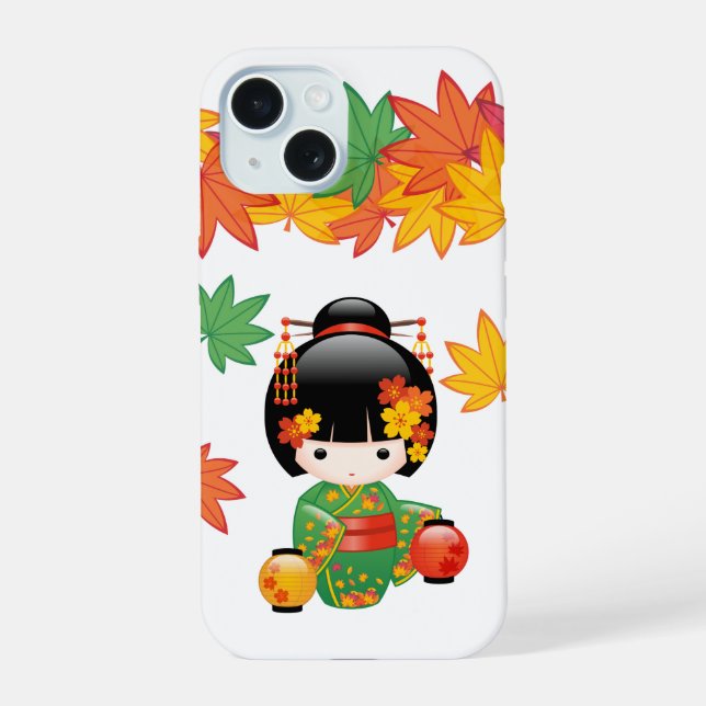 Muñeca Kokeshi de Kimono Verde Otoñal Hojas de Arc (Reverso )