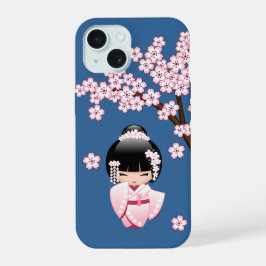 Muñeca Kokeshi Kawaii de Kimono Rosa sobre Azul