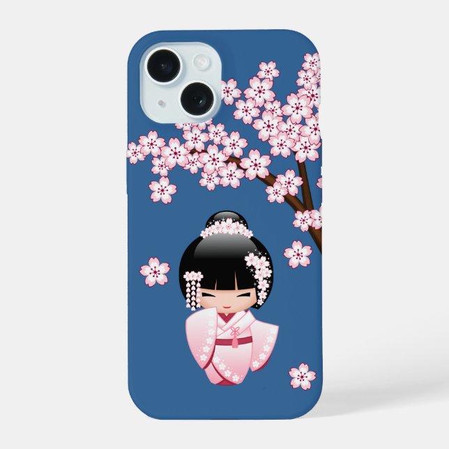 Muñeca Kokeshi Kawaii de Kimono Rosa sobre Azul (Reverso )