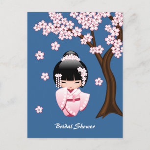 Muñeca Kokeshi Kimono Rosa Invitación Azul