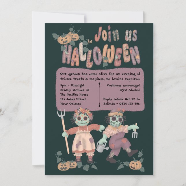 Muñecas de Trapo Zombies - Invitación de Halloween (Anverso)