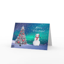 Muñeco de nieve Árbol Rojo Aurora Acuarela Navidad