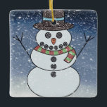 Muñeco de nieve con fondo - Adorno de cerámica<br><div class="desc">Muñeco de nieve que parece que fue ganchillo con un fondo nevado.</div>