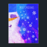 Muñeco de nieve Copos de nieve Azul Navidad mágica<br><div class="desc">Hermoso muñeco de nieve invernal y tarjeta postal de Navidad con copos de nieve. Deseo de Feliz Navidad para tus amigos y familiares - puedes cambiar el texto. Los copos de nieve blancos sobre un fondo abstracto azul y rosa hacen que esta tarjeta postal sea mágica y de cuento de...</div>