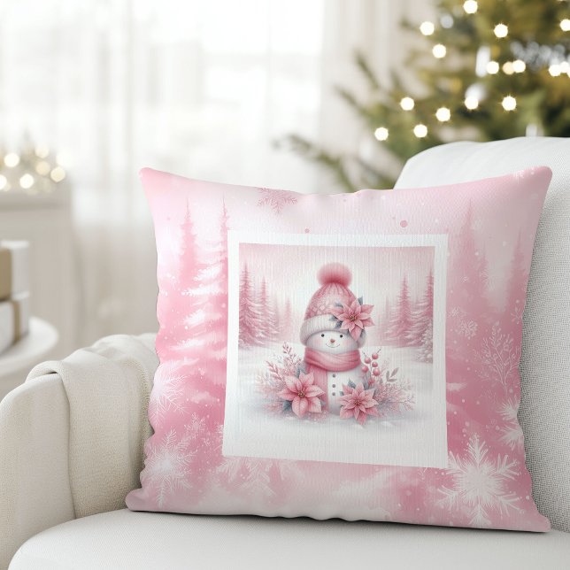 Muñeco de Nieve de Almohada Rosa Caprichosa Bosque (Whimsical Pink Pillow Snowman Pinkmas Forest)