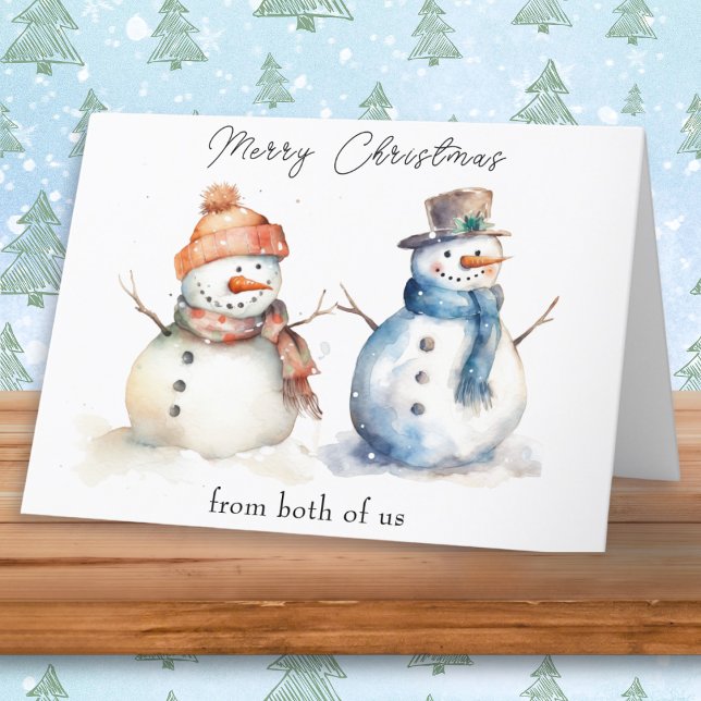 Muñeco de nieve de ambos Feliz Navidad (A whimsical Christmas card 'from both of us' with illustration of snowmen in a watercolor style)