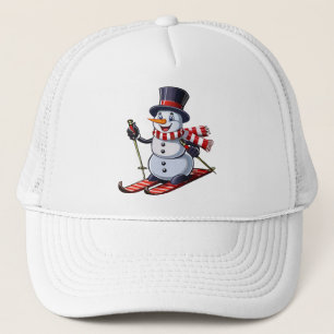 Muñeco de nieve en esquís con sombrero de copa y b