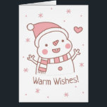 Muñeco de nieve feliz y lindo con bufanda, deseos<br><div class="desc">Un muñeco de nieve feliz y lindo con un sombrero de Santa Claus y bufanda a rayas. El mensaje dice "Deseos Cálidos!". Un garabato navideño feliz que no puedes evitar sonreír. El interior de la tarjeta incluye un garabato de muérdago.</div>