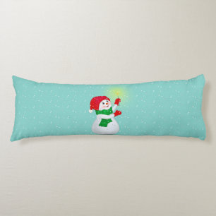 Muñeco de nieve hermoso en almohada de cuerpo azul