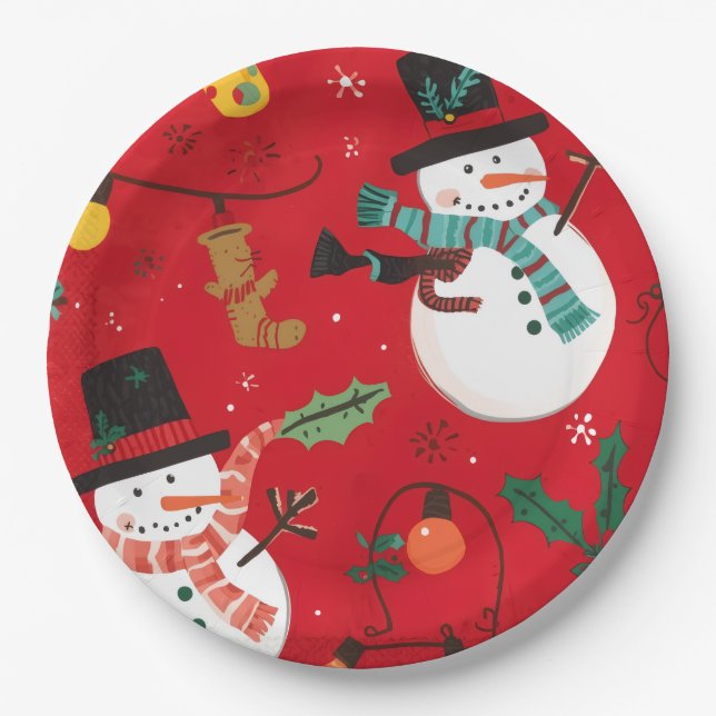 Muñeco de nieve plato de papel rojo (Anverso)