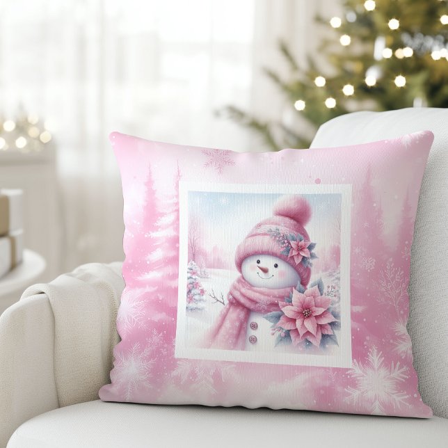 Muñeco de nieve rosa alegre regalo de almohada Pin (Cheerful Pink Snowman Pinkmas Forest Gift Pillow)