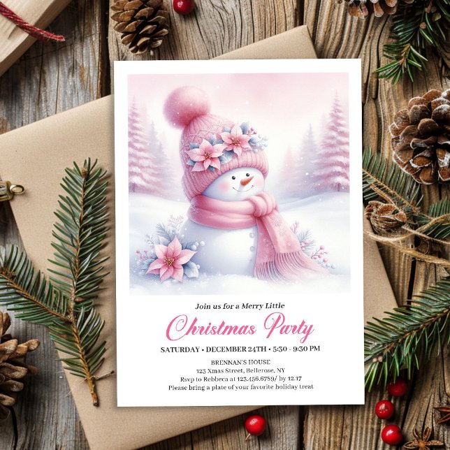 Muñeco de Nieve Rosa Editable Invitación de Navida (Merry Pink Snowman Editable Christmas Invite Download File)
