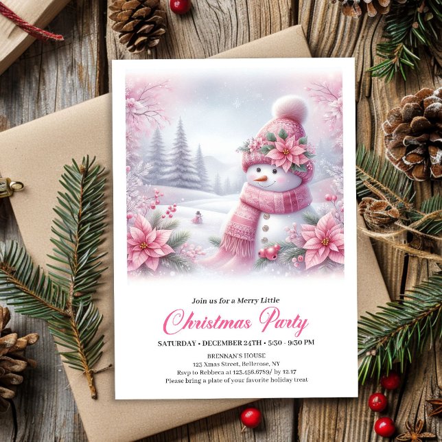 Muñeco de Nieve Rosa Editable Invitación de Navida (Merry Pink Snowman Editable Christmas Kids Invite Digital)