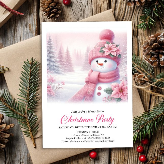 Muñeco de Nieve Rosa Suave Invitación de Navidad E (Gentle Pink Snowman Editable Christmas Invite Digital File)