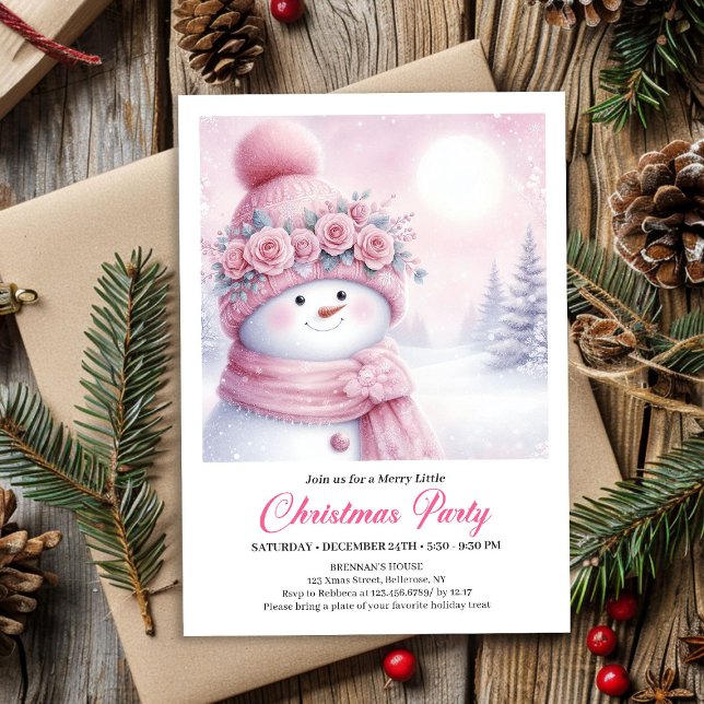 Muñeco de Nieve Rosa Suave Invitación Editable de  (Gentle Pink Snowman Editable Kids Christmas Invite File)