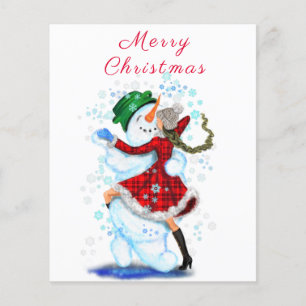 Muñeco de nieve y chica bailan folleto de Navidad