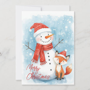 Muñeco de nieve y zorro en bosque con Navidad en a