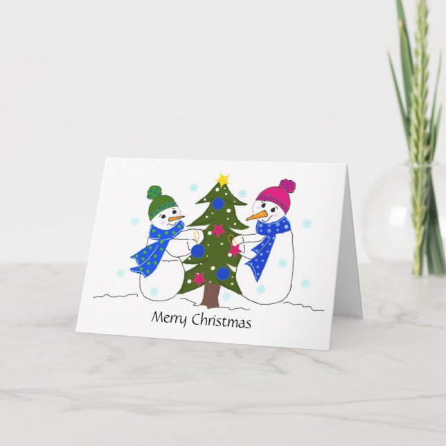 Muñecos de nieve decorando un árbol de Navidad (Anverso)